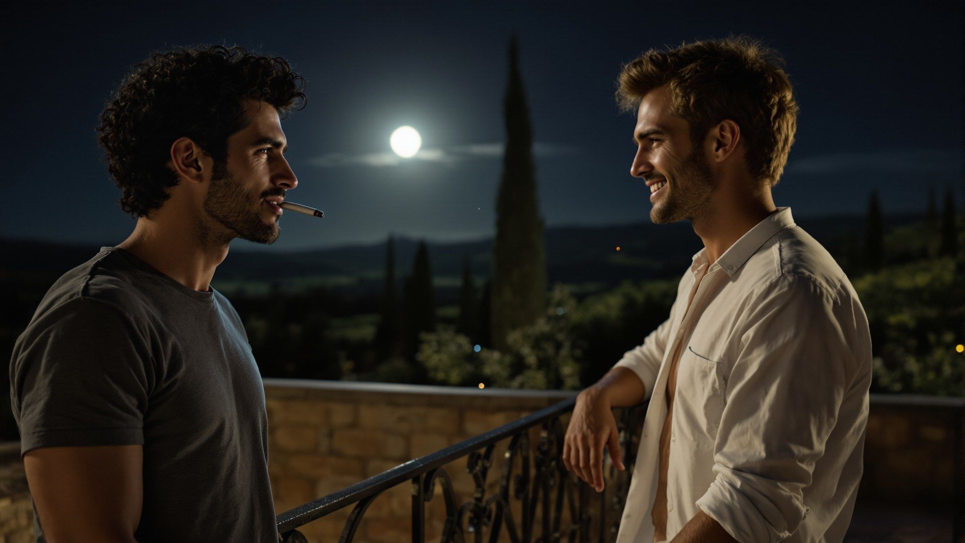 Racconti gay cugino: Davide ed Edoardo sul terrazzo del casolare in Maremma di notte