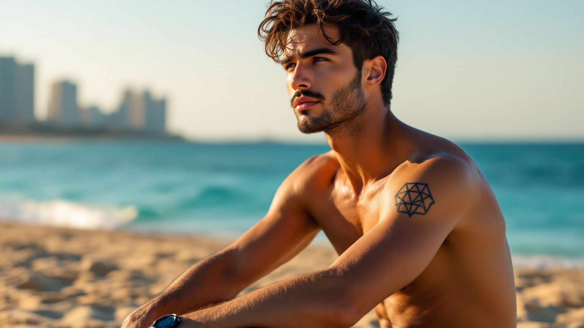 Tommaso sulla spiaggia gay di Hilton Beach a Tel Aviv, Mediterraneo al tramonto