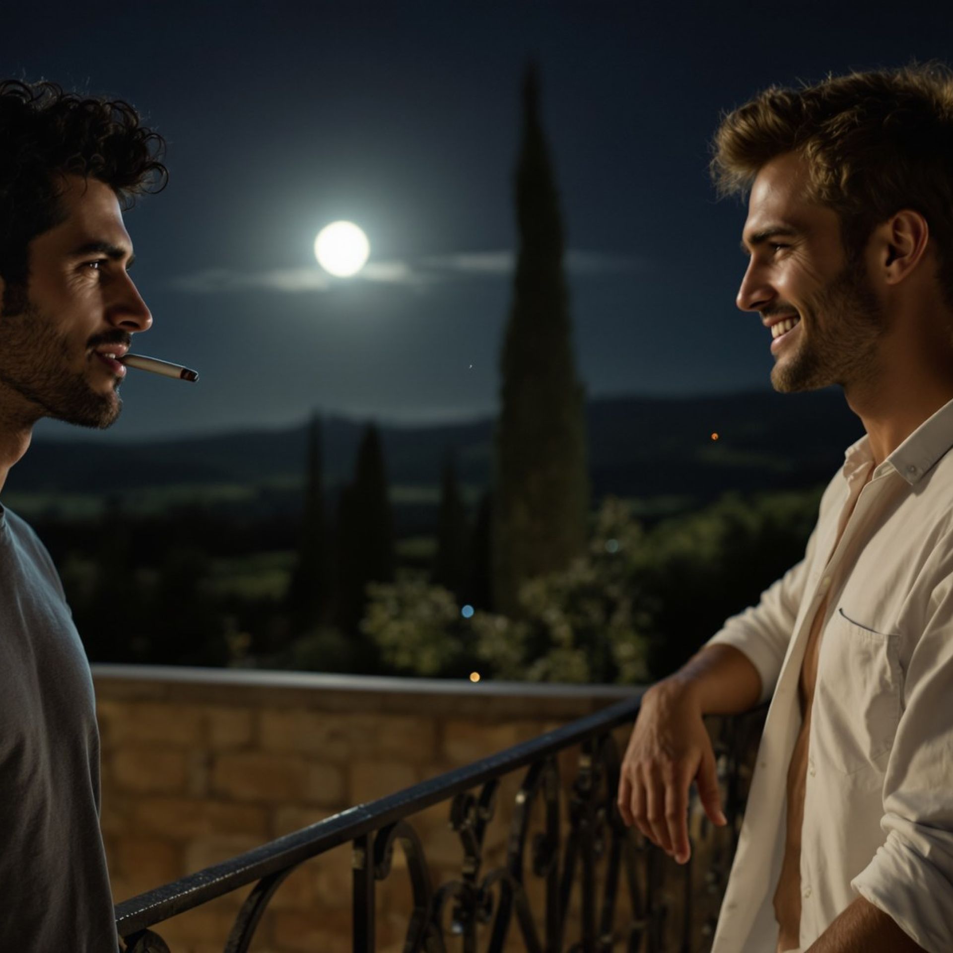 Racconti gay cugino: Davide ed Edoardo sul terrazzo del casolare in Maremma di notte