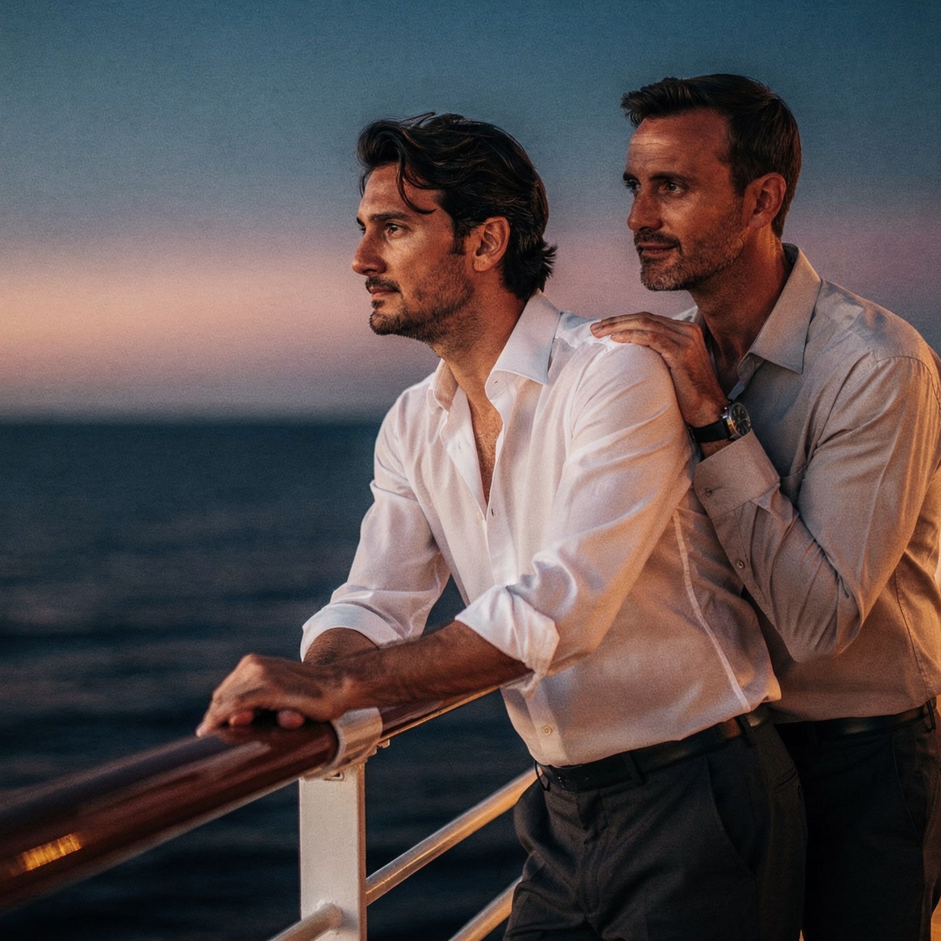 Crociera gay nel Mediterraneo: Federico sul ponte della nave al tramonto