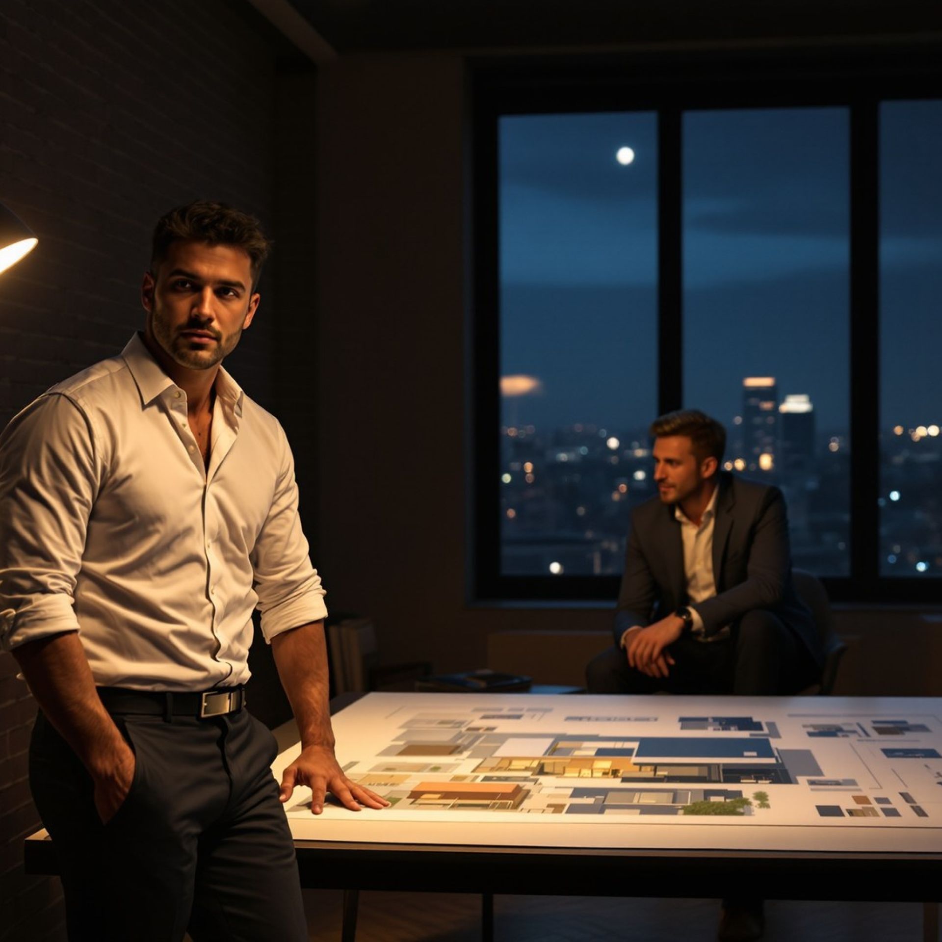 Marco architetto Milano con il cliente Luca sul tavolo da disegno dello studio in zona gay milano Porta Genova