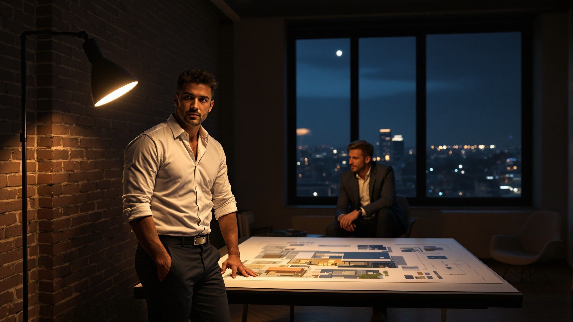 Marco architetto Milano con il cliente Luca sul tavolo da disegno dello studio in zona gay milano Porta Genova