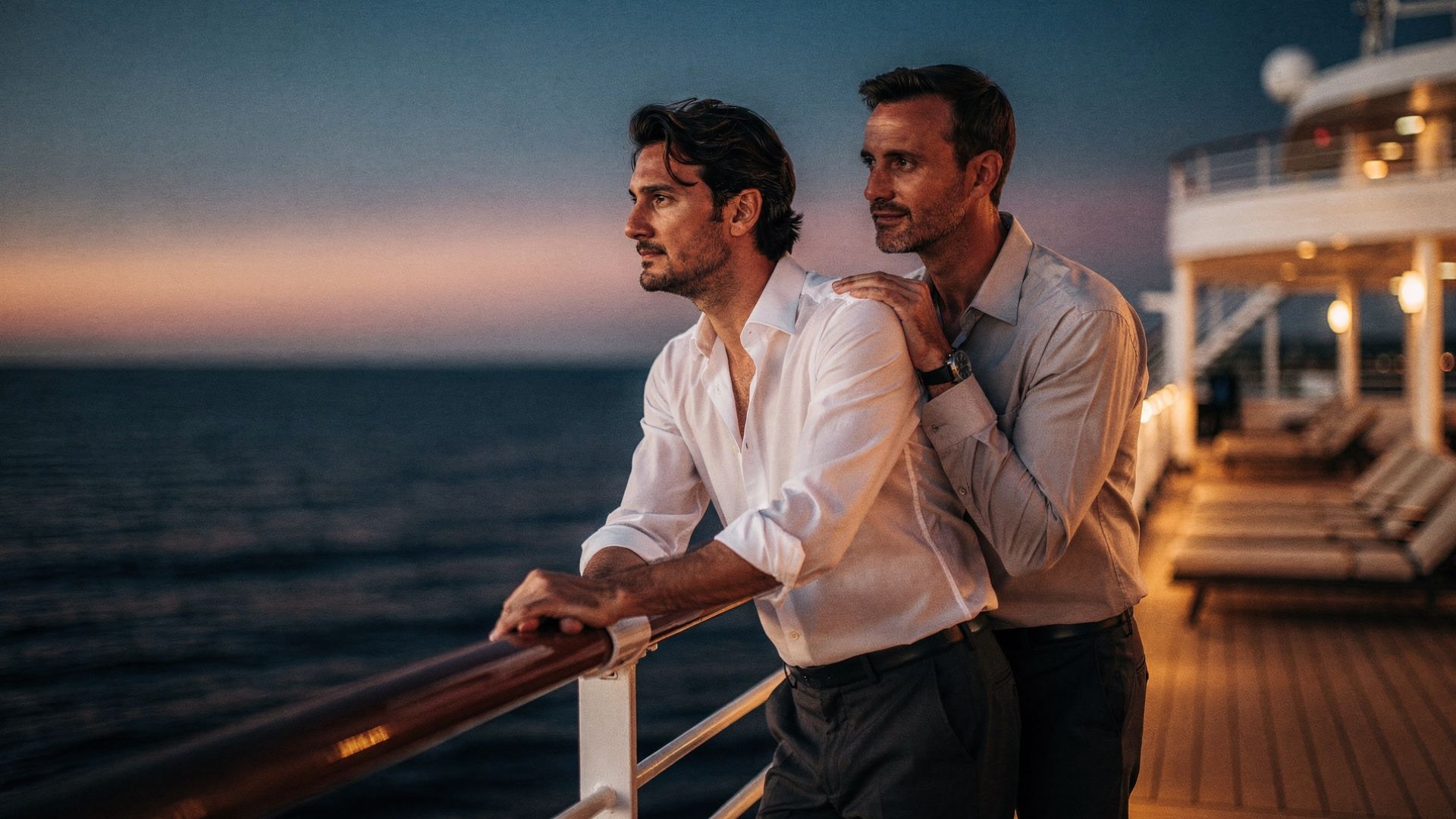 Crociera gay nel Mediterraneo: Federico sul ponte della nave al tramonto